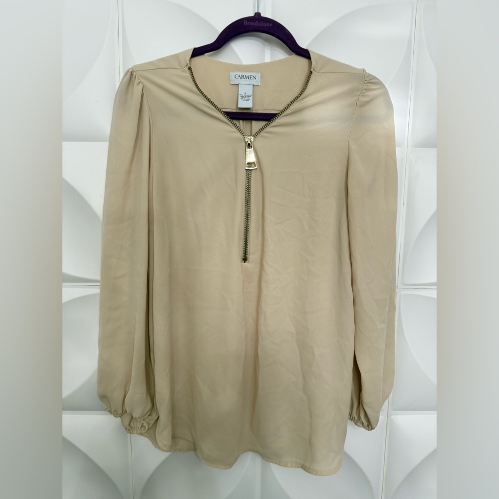 Carmen Marc Valvo Beige Zip-Up Blouse